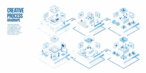 Isometric illustration depicting a creative process with connected architectural blocks