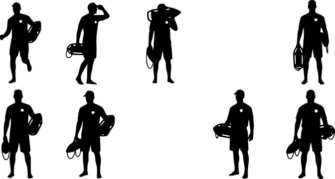 Collection Of Lifeguard Silhouettes In Various Poses With Rescue Buoys vector illustration

