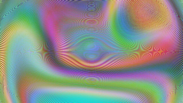 Abstract holographic moire pattern with vibrant rainbow colors and psychedelic wavy lines for trendy glitch art background