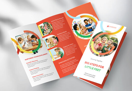 Creative Kindergarten and Preschool Trifold Brochure Template with Colorful Circle Design