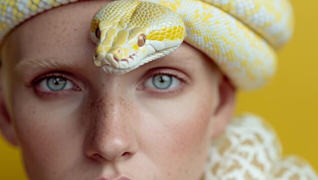 Close-up conceptual video of a woman&rsquo;s face with a white and yellow snake resting on her head against a yellow background. Subtle motion emphasizes the living presence of the snake and creates a calm.