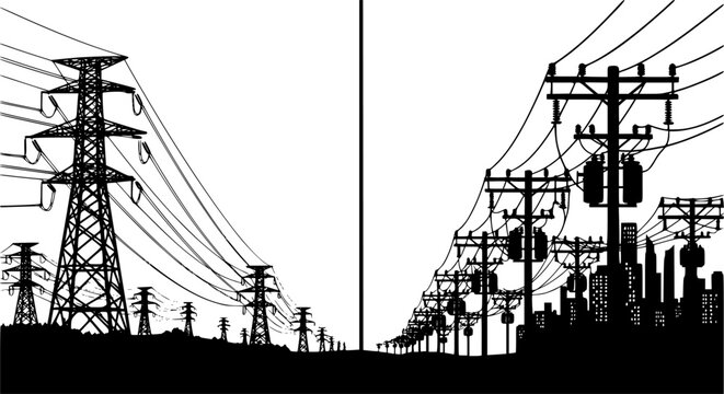 Collection of industrial electricity transmission tower and transformer silhouettes vector illustration isolated on white background