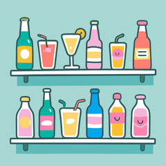 Set of various beverage bottles and and cocktails displayed on two shelves.cartoon-like design.Vector illustration.