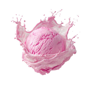Pink Ice Cream Ball with Splashing Milk on Transparent Backdrop