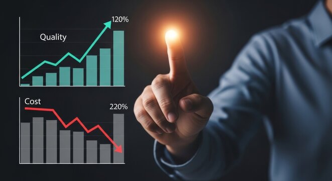 Optimizing business performance: hand interacting with digital charts showing increased quality and decreased cost