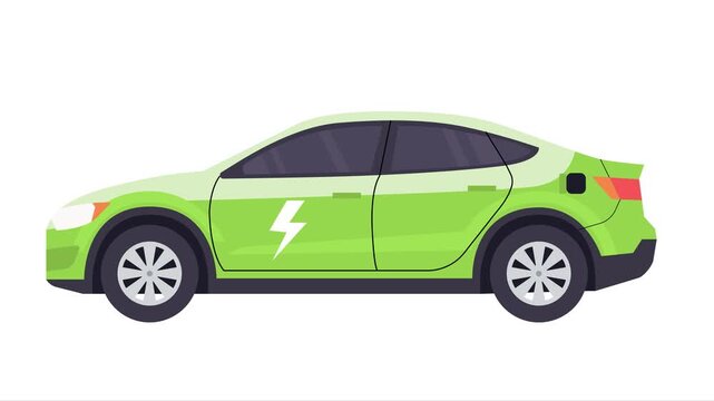 Flat vector animation graphic of a modern green electric car (EV) featuring a prominent lightning bolt symbol on the side door, isolated on a white background. Represents sustainable transportation an