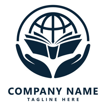 Global education logo with hands holding book and earth icon