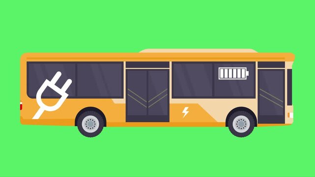 Flat vector animation of an orange electric city bus, featuring EV symbols (charging plug, battery indicator, lightning bolt) against a vibrant green background. Modern sustainable urban transport con