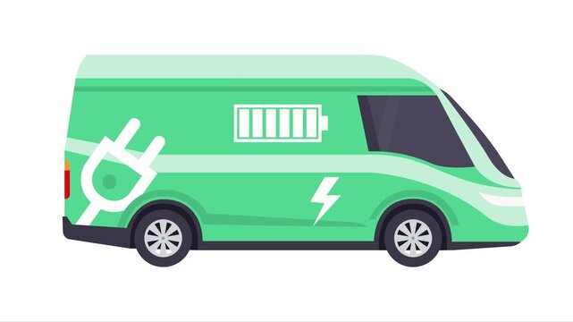 Flat vector graphic illustration of an electric delivery van in mint green color, featuring symbols for battery level, charging plug, and a lightning bolt. Represents sustainable transport and logisti