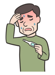体温計を持ち、発熱している中年男性