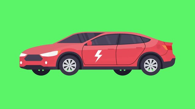 Flat design vector animation of a modern red sedan/coupe traveling horizontally against a bright green screen (chroma key) backdrop. Ideal for motion graphics, transportation, and travel concepts.