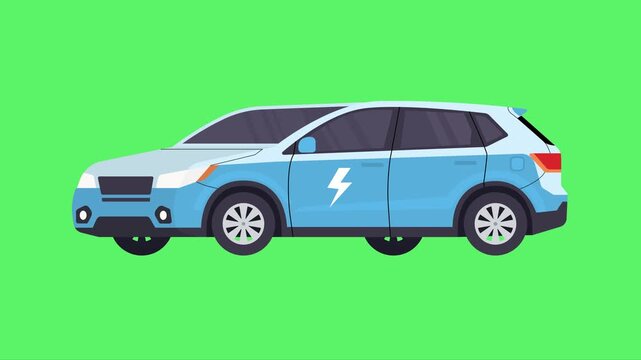 Flat vector animation loop of a light blue electric SUV or crossover vehicle featuring a prominent lightning bolt symbol. Modern electric car isolated on a bright green chroma key background, suitable