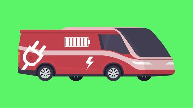 A side view of a red electric delivery van featuring battery, lightning bolt, and charging plug decals. This vector motion graphic highlights EV commercial transport and sustainable logistics against 