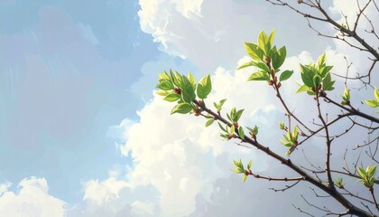 Obraz premium Fresh green leaves sprouting on tree branch against blue sky with fluffy clouds