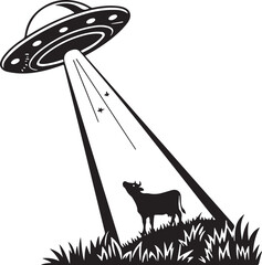 Black and White Illustration of UFO Abducting a Cow with Tractor Beam © Picture Paradise