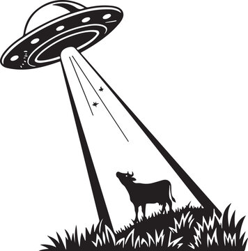 Black and White Illustration of UFO Abducting a Cow with Tractor Beam