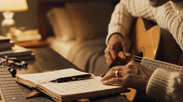 Musician writing song lyrics and playing guitar at desk, creative process