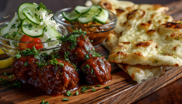 Delicious Indian Cuisine with Soft Naan, Flavorful Curry Sauce, and Savory Meatballs Served on Wooden Platter