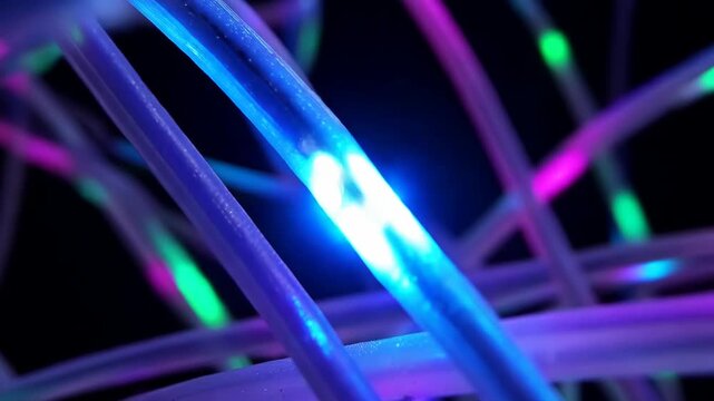 Abstract network of glowing fiber optic cables pulsing with vibrant blue purple and green light creating a futuristic digital connection or data stream concept with intricate connections and