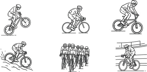 Naklejka premium A collection of six line art sketches depicting different cycling sports and activities