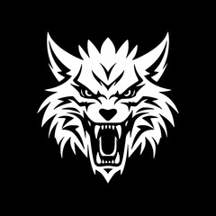 Obraz premium Wolf head logo front view, aggressive expression, black and white vector illustration, symmetrical design, white background