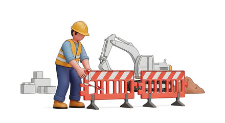 Fototapeta premium 3D Construction Worker Character with Excavator and Barrier