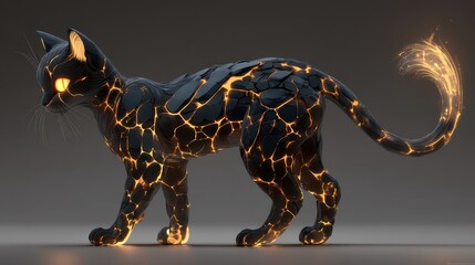 A molten feline with fur made of glowing obsidian and cracks filled with flowing lava