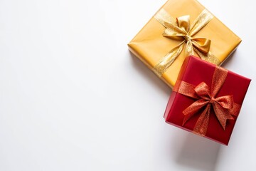 Fototapeta premium Gift box mockup on the white table with copy space. Merry christmas and happy new years background for text advertise.