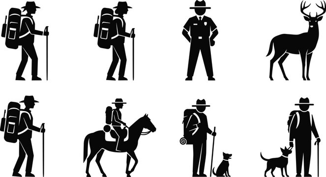 WBlack vector silhouette set of hikers park rangers and deer for concepts of national parks outdoor adventure trekking and wildlifeeb