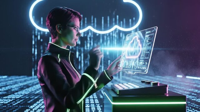 Woman uses holographic cloud interface with data visualization in futuristic workspace. Developer touches cloud display. Woman works with holographic technology. Cloud computing with neon data.