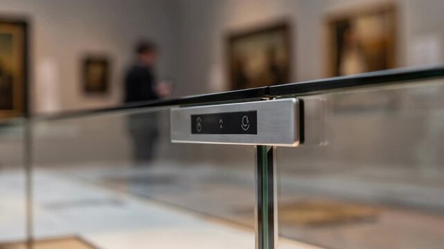 Closeup of a sensor panel integrated into a museum display case main object sharply in focus while visitors and lighting fade into an artistic blur behind.