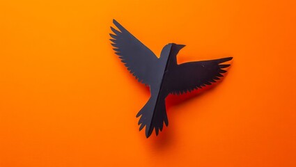 Obraz premium One paper black crow with raised wings in the upper right corner on an orange background with space for text.