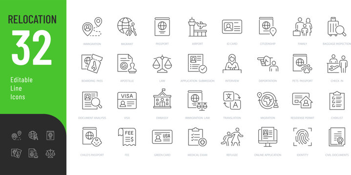 Relocation Line Editable Icons set. Vector illustration in modern thin style of change of country of residence related icons: documents, status, law, and more. Isolated on transparent background.