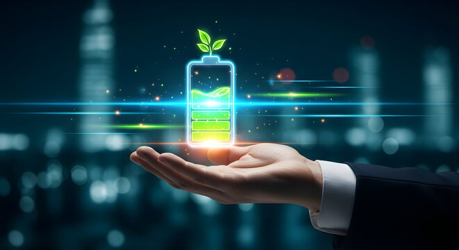 Human hand holding glowing battery hologram with sprouting leaves symbolizing sustainable energy storage innovation