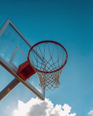 Naklejka premium Basketball hoop and net low angle against blue sky with clouds and bright sunlight