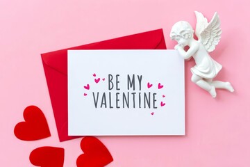Fototapeta premium Red envelope, white writing paper, hearts, Cupid on pink background Happy Valentine's day concept.