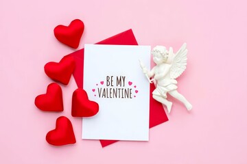 Fototapeta premium Red envelope, white writing paper, hearts, Cupid on pink background Happy Valentine's day concept.