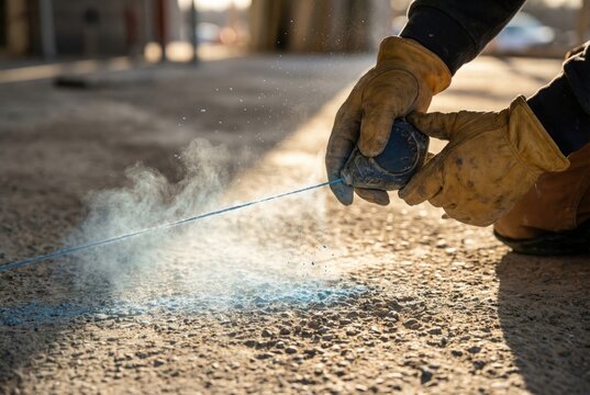 Construction worker using a chalk line to mark a straight line on a concrete floor. Close-up of hands in gloves snapping a chalk line.