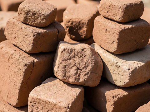 Rustic stack of sun-baked clay bricks in warm, earthy hues background