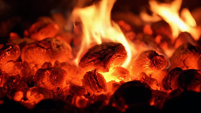 Burning Embers - A Close-Up of Glowing Charcoal and Flames.