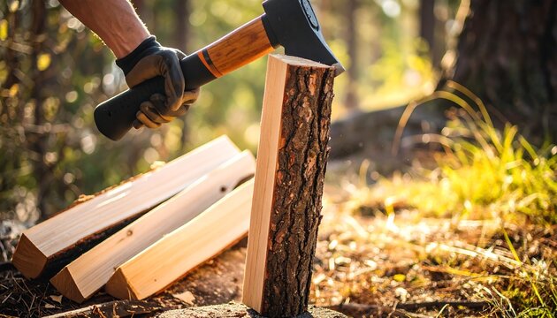 Stacked split firewood pieces beside stump showing result of wood chopping work