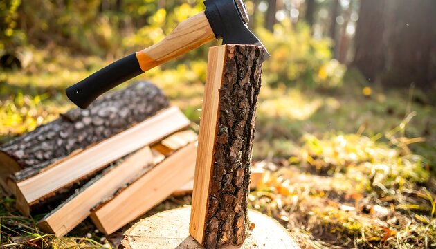 Firewood pieces balanced on stump with axe ready for next split in forest setting