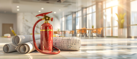 Fire Extinguisher and Architectural Blueprints in Modern Office Interior
