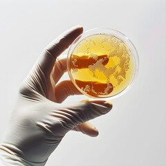 Gloved Hand Holding Petri Dish with Yellow Culture Medium in Laboratory