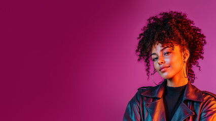 Portrait of African teenage girl with curly afro hair. Smiling young Black woman. Purple pink background, copy space. Banner template. Strength, teen individuality, emotional energy, ethnic diversity.