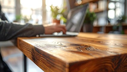 Fototapeta premium Close view of handcrafted wooden table surface with natural grain in workshop setting