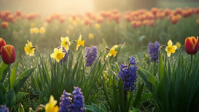 Colorful tulips and daffodils blooming in a sunny spring garden  