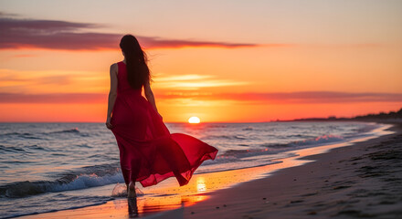 Woman in Red Dress Walking Along the Beach at Sunset