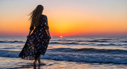 Woman Walking on the Beach at Sunset Wearing a Floral Dress