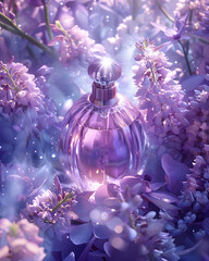 Luxury Purple Perfume Bottle Surrounded by Lilac Flowers with Magical Sparkles